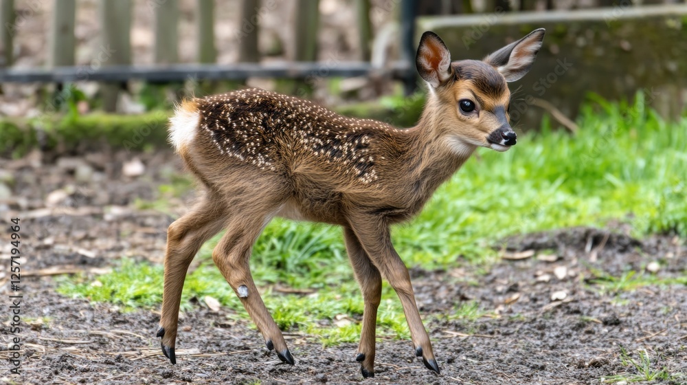 Spotted fawn walking across a muddy area attentively looking ahead Spotted fawn walking across a muddy area attentively looking ahead
