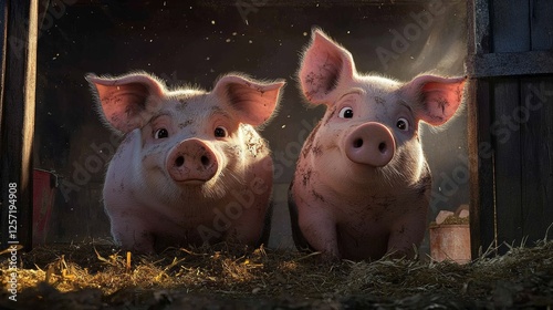 Cute pig couple in a sty, a large young pig in a pigsty on an indoor animal farm, with a dirty snout. 
