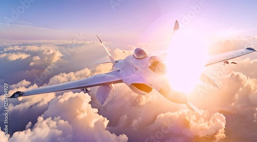 A fighter plane, with its shimmering dials and buttons, soars through a vast, cloudy blue sky