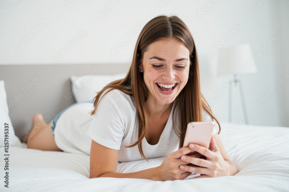 Happy woman lying on bed using her smartphone. Relaxed and comfortable, depicting modern lifestyle and mobile technology use. Happy woman lying on bed using her smartphone. Relaxed and comfortable, depicting modern lifestyle and mobile technology use.