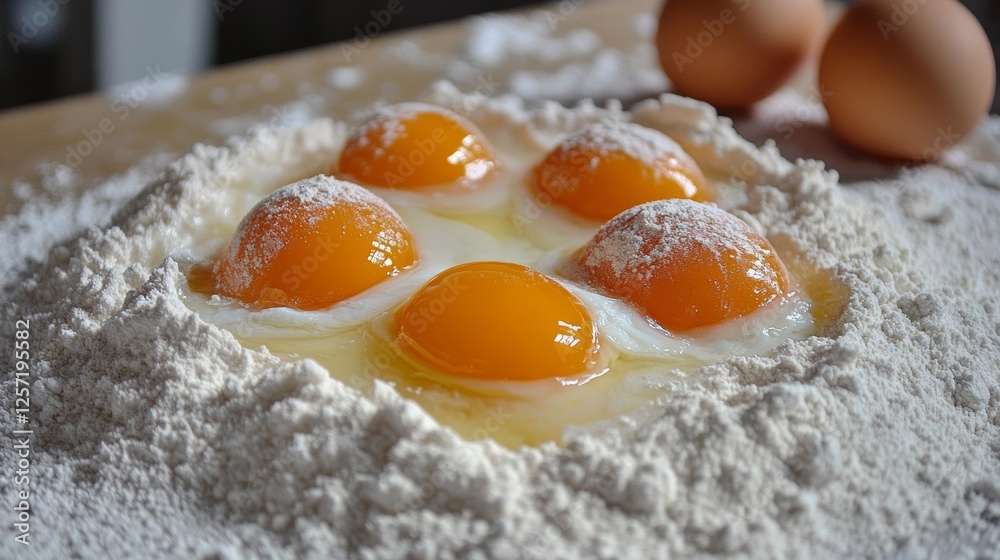 Eggs and flour laid out for baking. Eggs and flour laid out for baking.