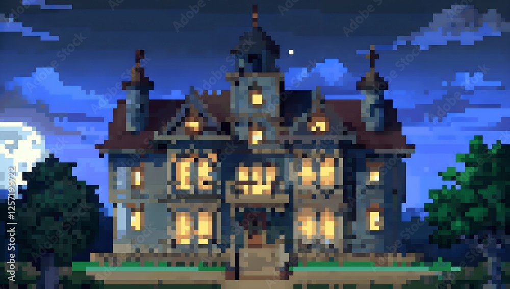 Naklejka premium A grand Victorian mansion exterior at night pixel art background. 8-bit game assets