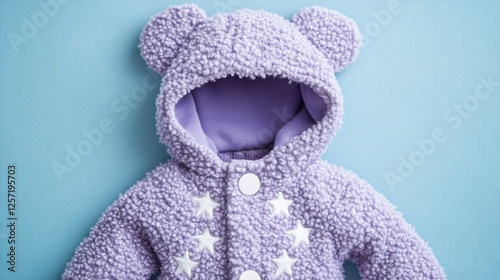 Baby purple fleece jacket, top view, on blue background.  Possible use for baby fashion catalog or e-commerce photo