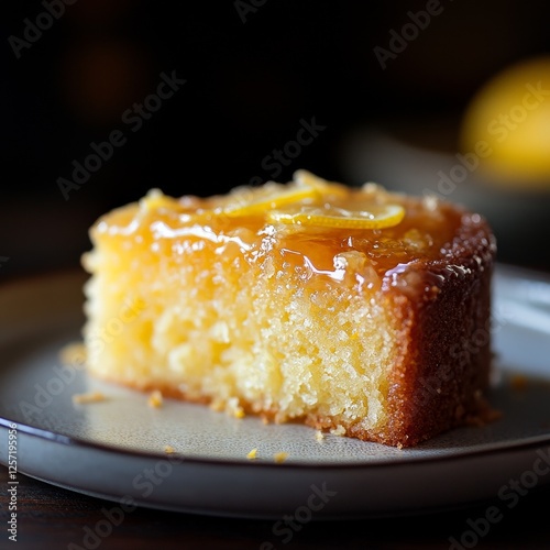 Lemon loaf cake slice, glazed, plate, dark background, food photography