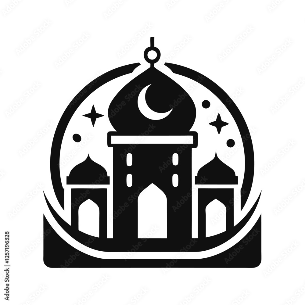 Mosque Icon: A simple yet powerful black and white silhouette of a mosque with minarets and a crescent moon, symbolizing faith, spirituality, and the architectural beauty of Islamic design Mosque Icon: A simple yet powerful black and white silhouette of a mosque with minarets and a crescent moon, symbolizing faith, spirituality, and the architectural beauty of Islamic design