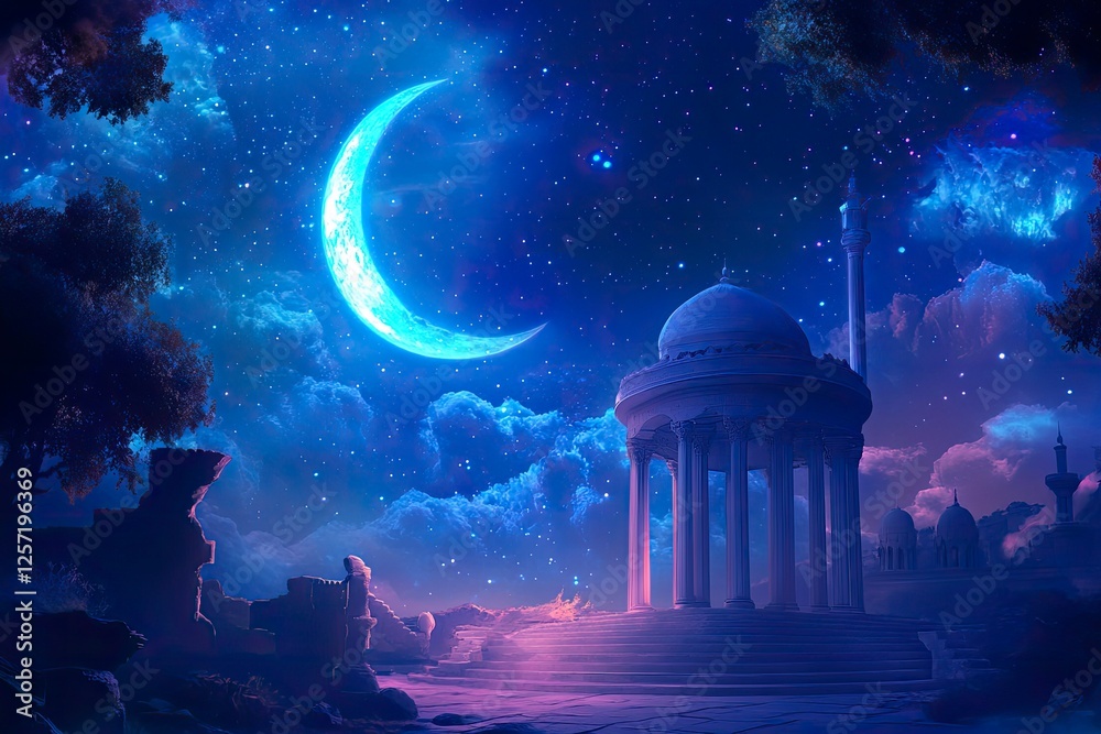 Naklejka premium Islamic Mosque Moon Silhouettes design of Ramadan Eid Background,Galaxy sky Night with generative ai