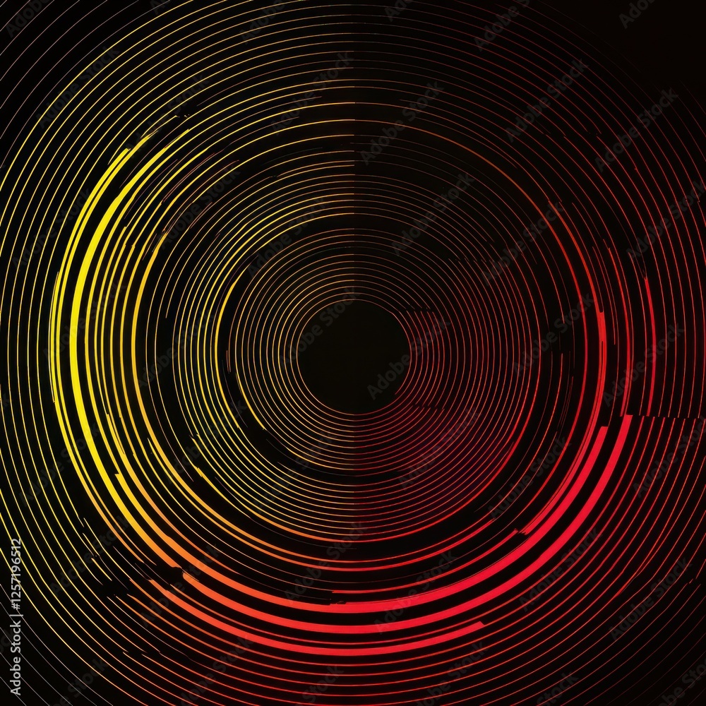 Neon yellow and red lines draw glowing concentric circles that softly pulse against a black digital background. Neon yellow and red lines draw glowing concentric circles that softly pulse against a black digital background.