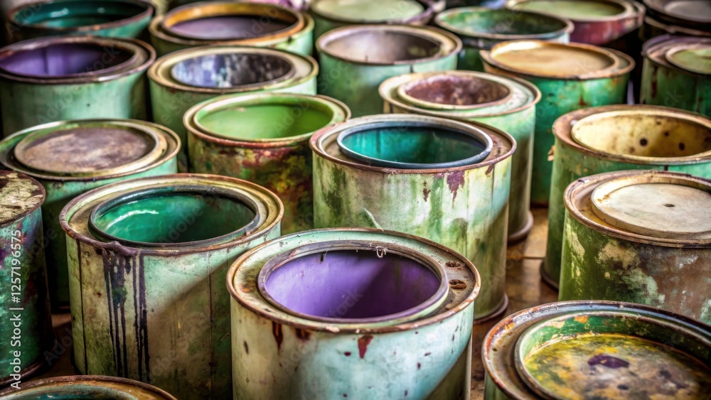 Colorful Used Paint Cans Arranged in a Chaotic Pattern on Surface Colorful Used Paint Cans Arranged in a Chaotic Pattern on Surface
