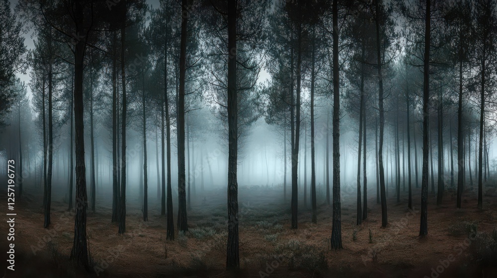 Fototapeta premium A forest background showcasing a dark pine forest shrouded in a thick fog