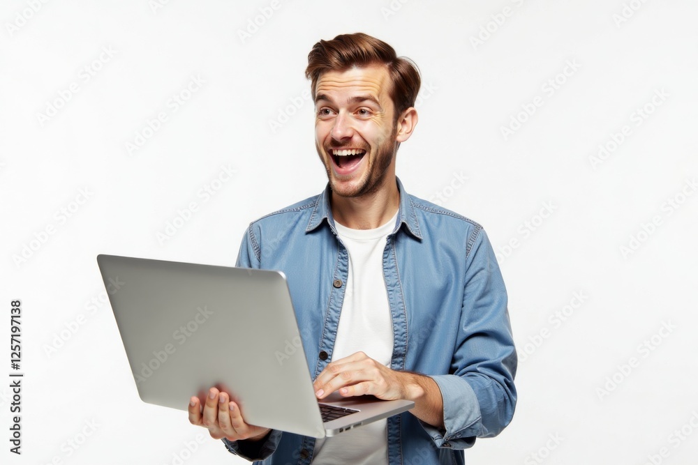 A professional in a grey blazer and dark shirt holds a laptop in one hand and raises the other with an open palm, isolated on a plain white background, symbolizing communication or presentation. A professional in a grey blazer and dark shirt holds a laptop in one hand and raises the other with an open palm, isolated on a plain white background, symbolizing communication or presentation.