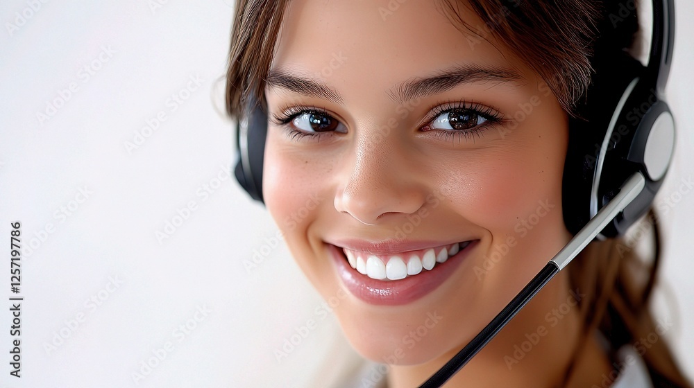 Young Smiling Employee Wearing Headset in Call Center Environment Young Smiling Employee Wearing Headset in Call Center Environment