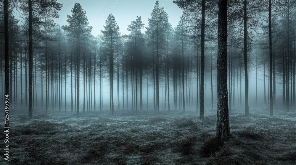 Naklejka premium A forest background showcasing a dark pine forest shrouded in a thick fog