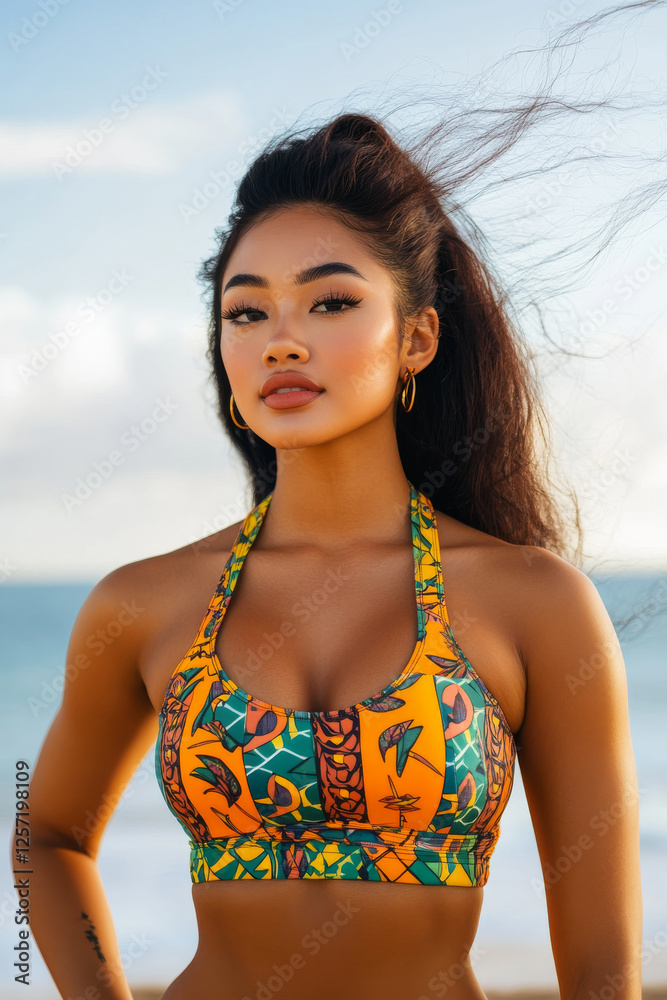 A young woman stands confidently by the sea wearing colorful patterned activewear. Her serene demeanor and flowing hair harmonize with the beautiful natural ocean backdrop. A young woman stands confidently by the sea wearing colorful patterned activewear. Her serene demeanor and flowing hair harmonize with the beautiful natural ocean backdrop.