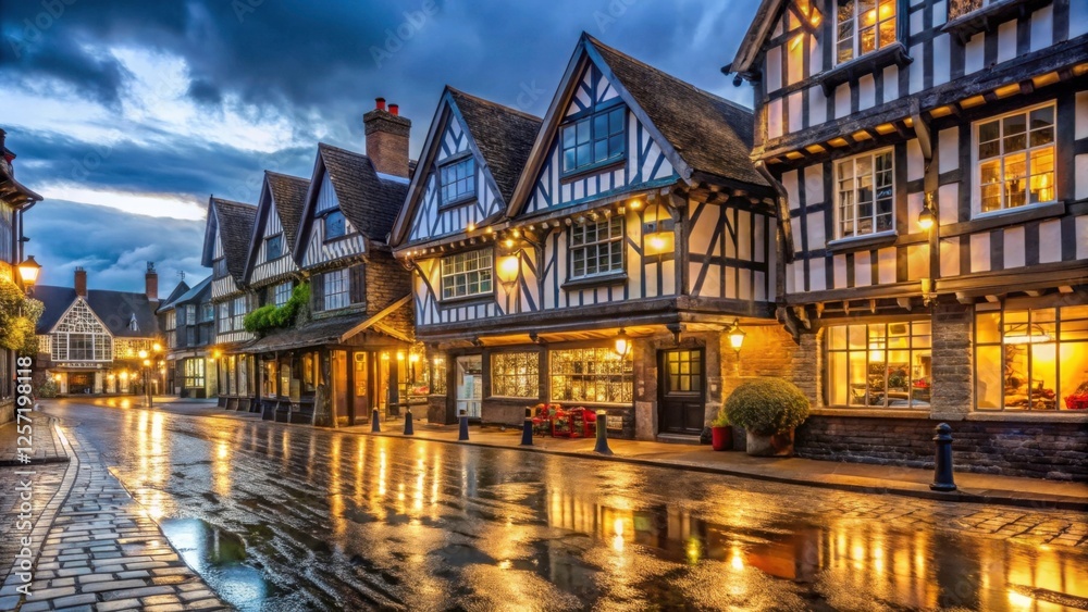 Naklejka premium Historic Tudor Style Buildings with Reflections on Wet Streets