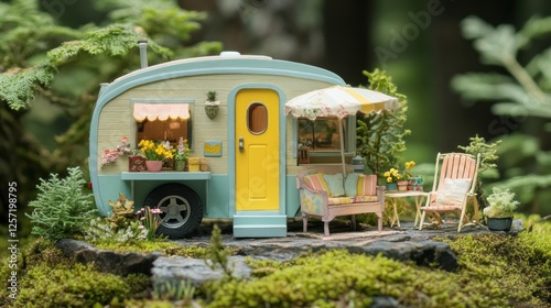 Miniature caravan with outdoor furniture in a forest setting