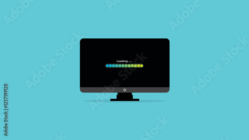 Loading bar neon blue on the monitor screen.
