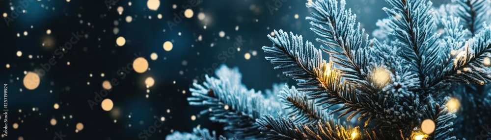 Frozen christmas tree branch with bokeh lights in background Frozen christmas tree branch with bokeh lights in background