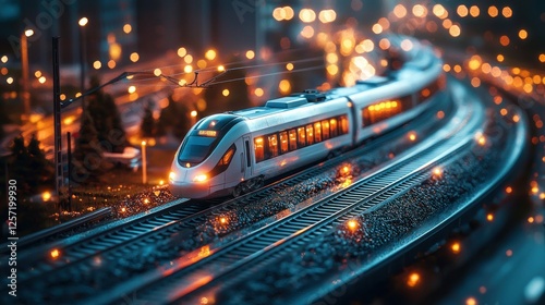 Night train model on illuminated city tracks photo