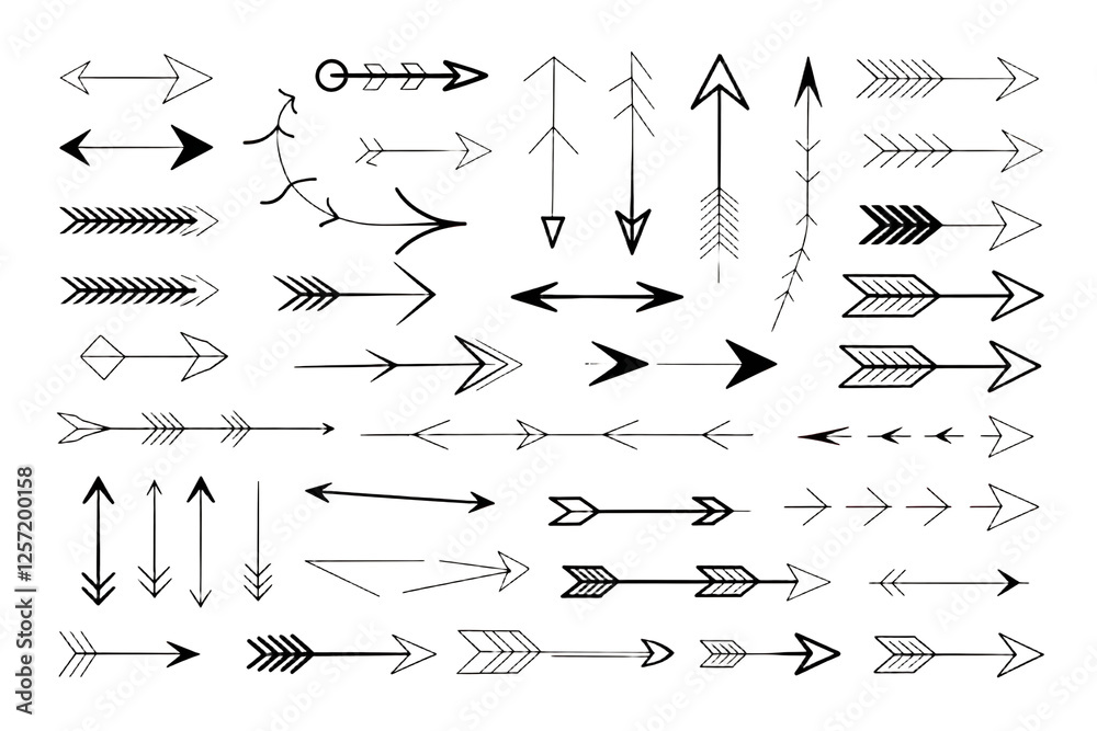Naklejka premium Diverse Arrow Set PNG – Straight, Curved, Dashed, Looped & Zigzag Arrows for UI & Infographics 