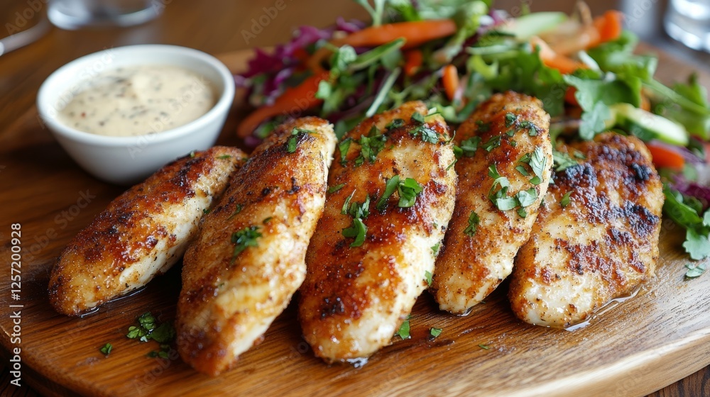Golden-brown chicken tenders, crisp and juicy, served on a wooden platter. Accompanied by creamy sauces for dipping and a fresh and vibrant side salad. Golden-brown chicken tenders, crisp and juicy, served on a wooden platter. Accompanied by creamy sauces for dipping and a fresh and vibrant side salad.