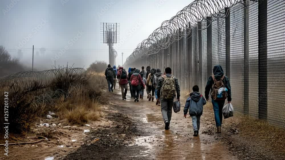 Group of migrants on a dangerous journey through a wet and desolate landscape. Seeking asylum and better opportunities.