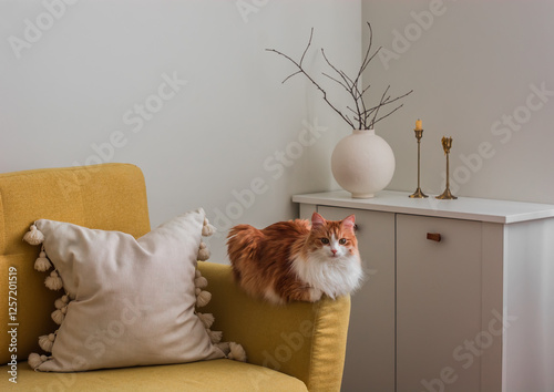 The cozy interior of the living room - white wooden chest of drawers, a round ceramic vase with dry branches, a red cat on a yellow armchair