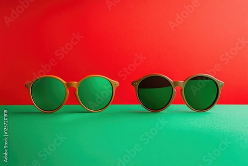 Two pairs of round sunglasses with green lenses are set against a bright red and green split background, symbolizing color blindness