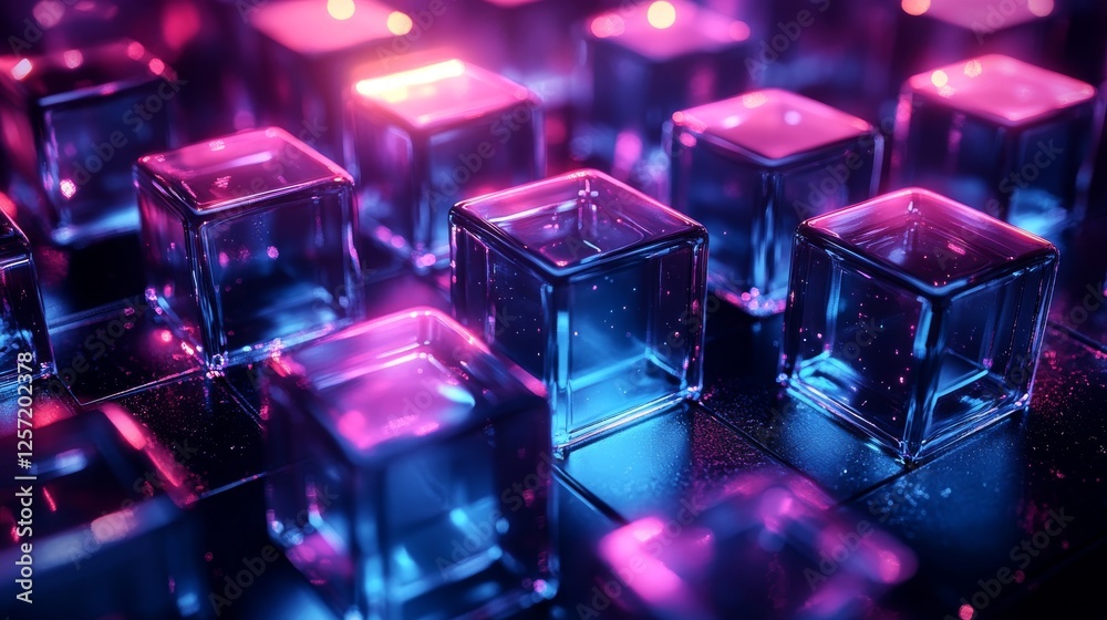 Futuristic abstract background with illuminated glass cubes in neon colors Futuristic abstract background with illuminated glass cubes in neon colors