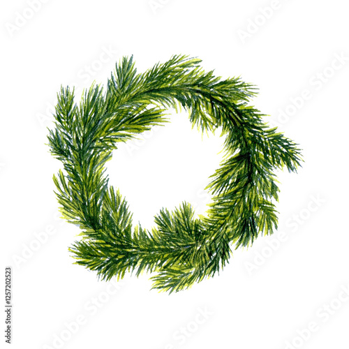 Coniferous Christmas festive wreath, frame. Winter watercolor illustration hand drawn. Isolated on background. For decor, design, packaging, postcards, souvenirs, printing
