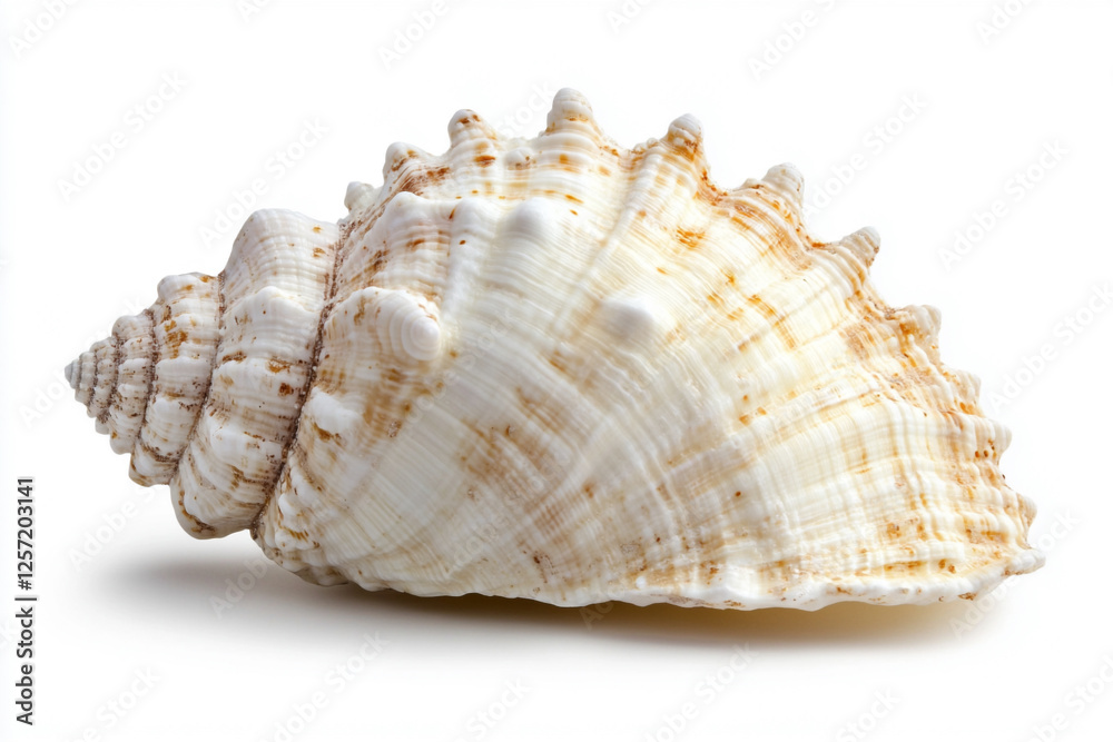There is a shell on a white surface with a white background There is a shell on a white surface with a white background