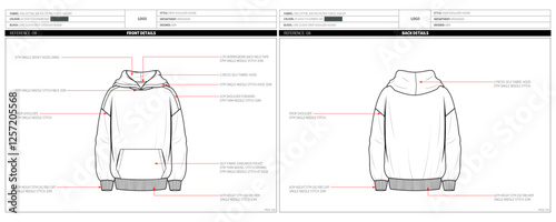 Men's Drop Shoulder Hoodie Fashion Design Technical Tech Pack. 