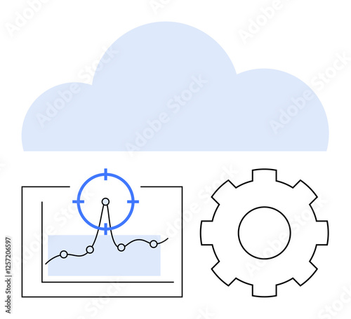 Cloud above analytics graph with pinpoint and settings gear. Ideal for cloud services, data analytics, process automation, technology, optimization, innovation, abstract line flat metaphor