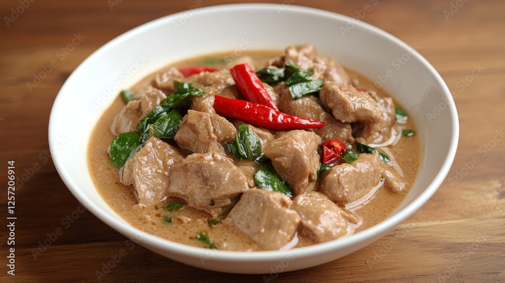 Panang curry with pork in a white bowl, captured from above on a wooden table. A traditional Thai dish. Panang curry with pork in a white bowl, captured from above on a wooden table. A traditional Thai dish.