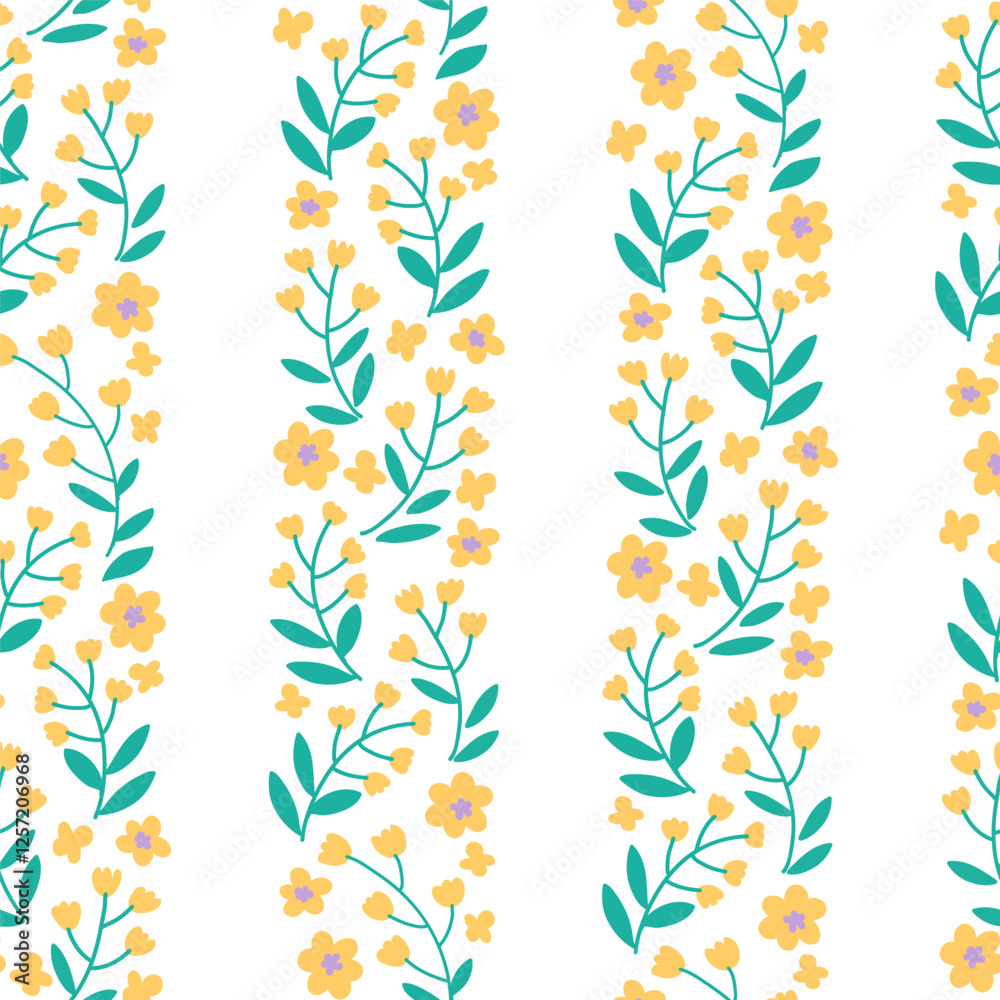 Vector seamless wreath flower pattern. Vertical stripes with small various stylized yellow flowers on a white background Vector seamless wreath flower pattern. Vertical stripes with small various stylized yellow flowers on a white background