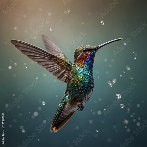 A delicate hummingbird, mid-flight, crafted entirely from small polished stones, with its wings a vibrant mix of colors.
