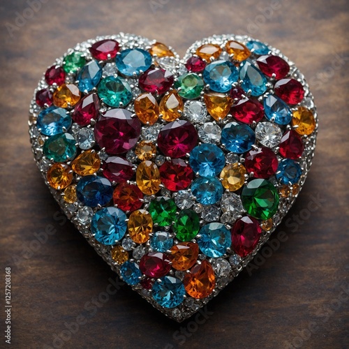 A heart-shaped arrangement of gemstones, each stone glowing in a different hue, symbolizing love and unity.