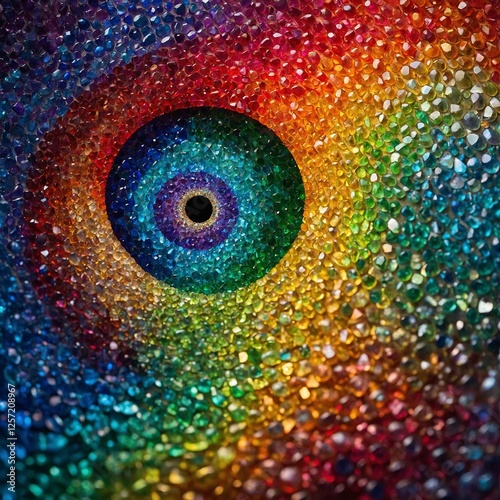 A mesmerizing mosaic spiral made from tiny, polished gems in a rainbow gradient, drawing the eye toward its glowing center.