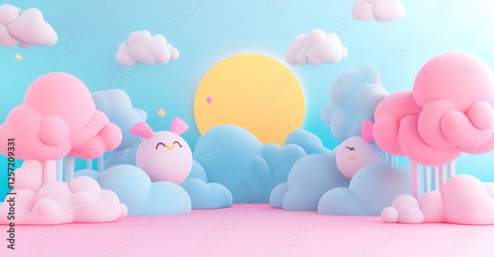 3D rendering of a cute pastel blue and pink sky with clouds in the background 3D rendering of a cute pastel blue and pink sky with clouds in the background