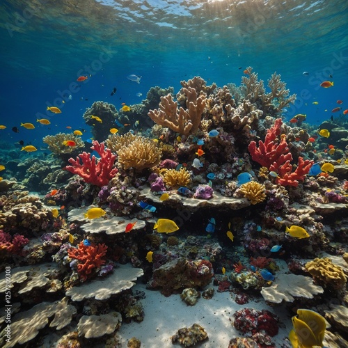 A realistic coral reef scene, where multicolored pebbles form lively fish, corals, and underwater beauty.