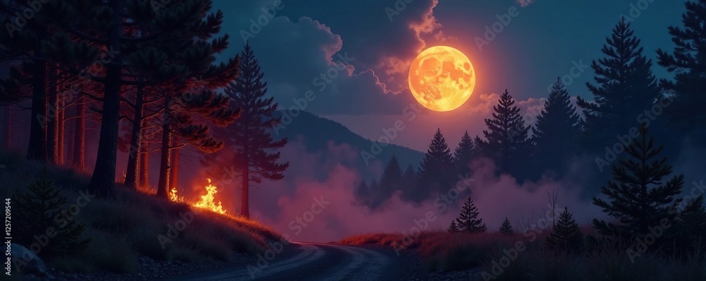Fototapeta premium The moon casts an otherworldly glow on a forest fire burning through the night air, eerie, misty