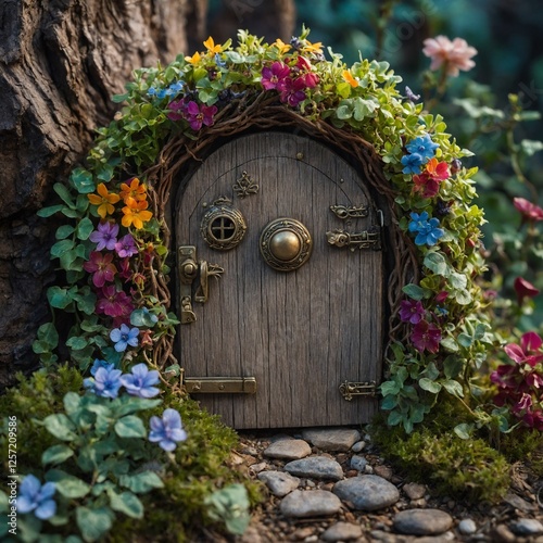 A tiny, enchanting fairy door surrounded by gemstone vines and flowers, as if leading to a magical world.