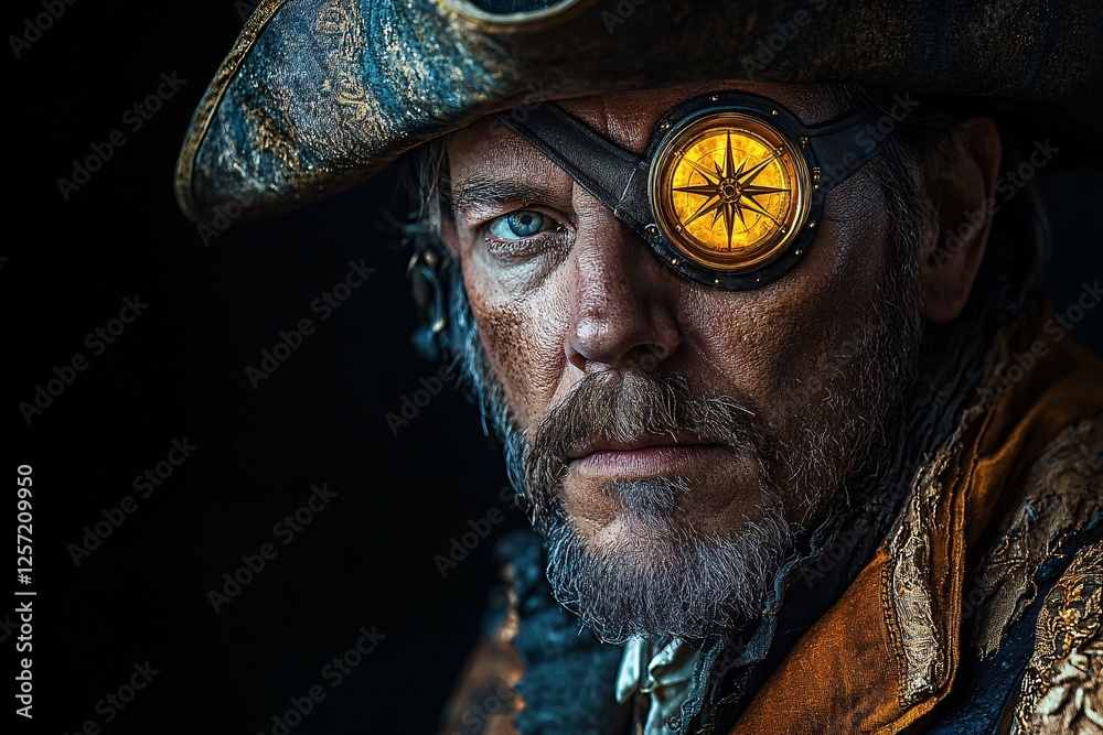 Fototapeta premium A weathered pirate captain with a compass eyepatch
