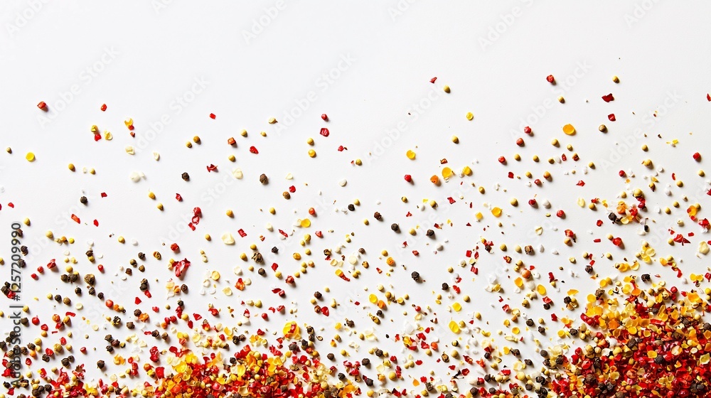 Vibrant spices are scattered on a clean white backdrop, showcasing their unique textures and hues. Vibrant spices are scattered on a clean white backdrop, showcasing their unique textures and hues.