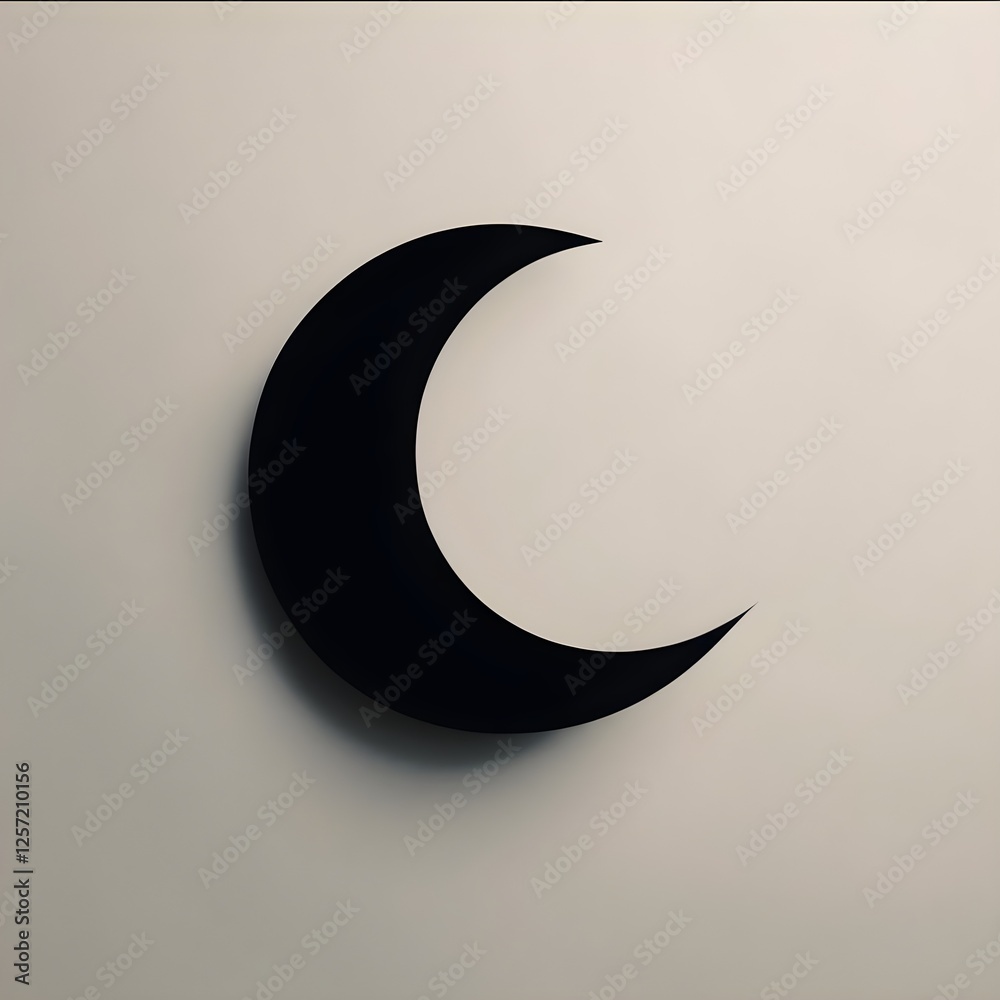 A minimalist black crescent moon casting a soft shadow on a neutral beige background. The design is simple and elegant, symbolizing night, Islam, or celestial themes. A minimalist black crescent moon casting a soft shadow on a neutral beige background. The design is simple and elegant, symbolizing night, Islam, or celestial themes.