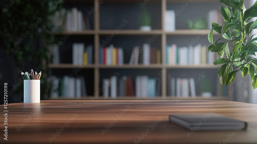 Bright Modern Workspace with Empty Office Table and Book Shelf Bright Modern Workspace with Empty Office Table and Book Shelf
