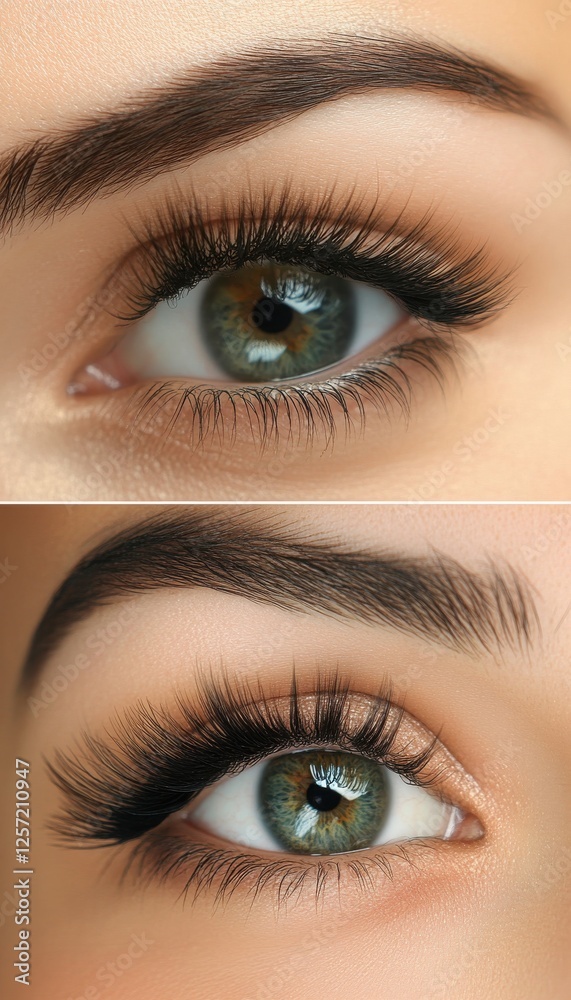 Obraz premium Close-up showcasing the transformative effect of eyelash extensions. Notice the difference in volume and length between the before and after.