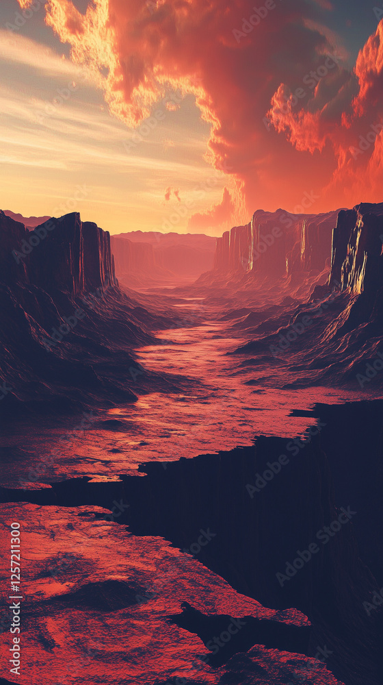 Naklejka premium A barren rocky desert with jagged cliffs and red-orange hues