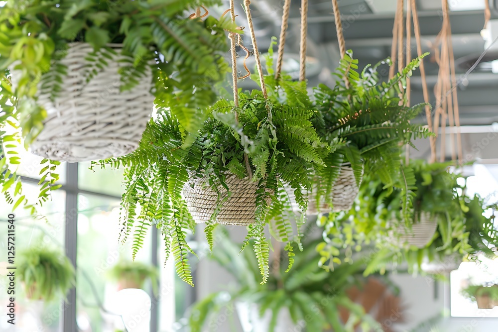 Green ferns in a wicker basket hanging on the ceiling Green ferns in a wicker basket hanging on the ceiling