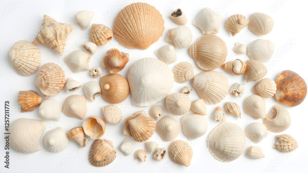 Assortment of seashells in different shapes and sizes, isolated on white background Assortment of seashells in different shapes and sizes, isolated on white background