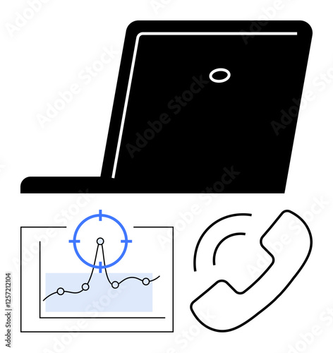 Laptop silhouette, analytics chart with a focus point, and phone icon symbolize productivity, communication, analytics, and multitasking. Ideal for workplace, collaboration, tech tools remote work